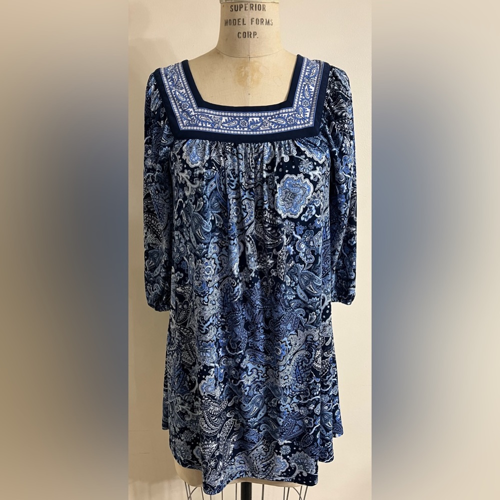 Michael Kors Navy Printed 3/4 Sleeve Square Neck Knit Dress Size M